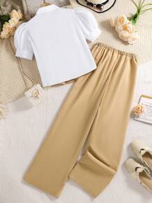 Conjunto de 2 piezas para adolescentes, camisa de cuello con solapa de manga corta y pantalones anchos de color contrastante, verano - Caqui - Ver 2