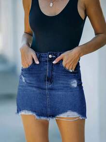Women's Summer Denim Skirt With Pocket And Distressed Ripped Hem - Dark Wash - View 5