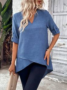 SHEIN LUNE 缺口领交叉不对称下摆翻袖牛仔效果中长款休闲秋季长袖女衬衫 - 藍色 - 查看 5