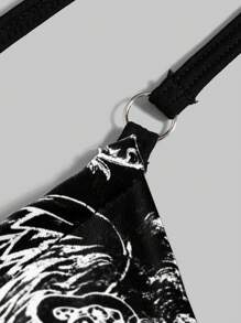 ROMWE Grunge Punk Women's Sexy Crop Top With Floral Cross Pattern, Halter Neck, School Graphic Tees Women Tops - Black - View 5