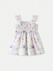 Baby Girl Oil Painting Floral Print Flared Cap Sleeve Dress