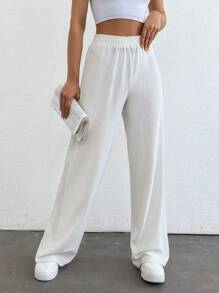 SHEIN Tall Tall Size Solid Elastic Waist Straight Leg Pants - White - View 3