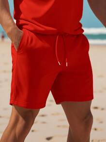 Manfinity Dauomo Men Solid Polo Shirt & Drawstring Waist Shorts - Red - View 5