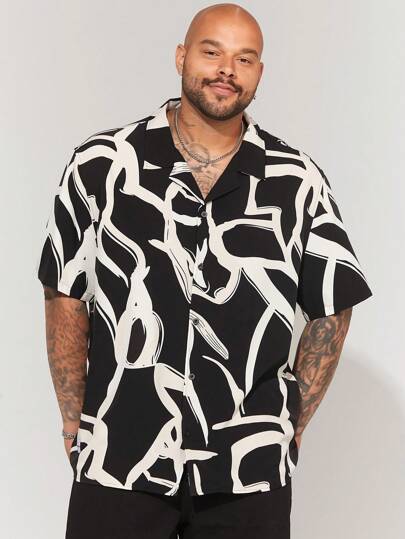 EASEVO Men's Plus Size Casual Woven One Piece Shirt With Regular Shoulder And Turn Down Collar Short Sleeve Suitable For Summer Everyday Wear, Baggy Button Up Graphic Shirt For Vacation