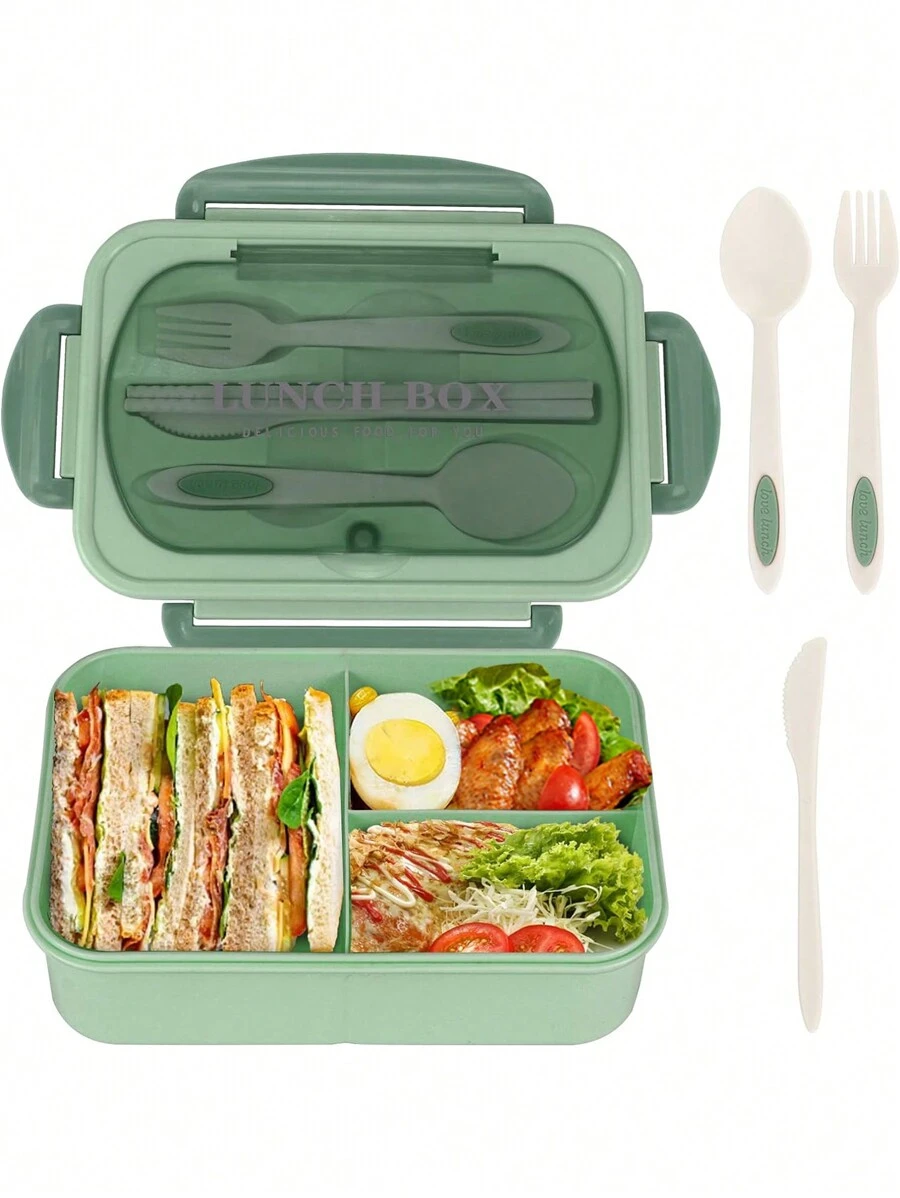1pc Lunch Box Back To School, Bento Box For School, 42 Oz Containers For Adults Men Women Students With 4 Compartments,Food Container With Utensils,Fork Spoon And Chopsticks, Microwave & Dishwasher Friendly, Back To School (Green) Christmas For Holiday Gift Giving - Green - View 1