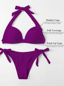 SHEIN Swim Summer Beach Solid Bikini Set Halter Push Up Bra & Tie Side Thong Bottom 2 Piece Bathing Suit Sexy Bikini Set - Purple - View 3