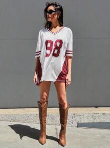 Denimoi Women Letter Pattern Striped V-Neck Dropped Shoulder Sleeve Loose Casual T-Shirt - Multicolor - View 7