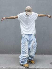 Manfinity ZONE917 男士宽松休闲牛仔裤，带原始下摆和贴袋，纯色长款水洗宽松浅蓝色工装牛仔裤，适合丈夫、男朋友的礼物 - 淺色水洗藍 - 查看 4