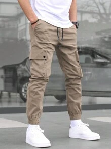 Manfinity Homme Men's Casual Solid Color Drawstring Waist & Elastic Cuff Cargo Pants