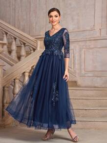 Mother Of The Bride V-Neck Elegant Tulle Dress - Blue - View 6