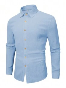 Men's Linen/Bohemian Style Long Sleeve Shirt, For Fall - Blue - View 3