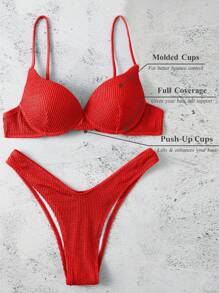 SHEIN Swim Summer Beach Textured Tie Back Push Up Bikini