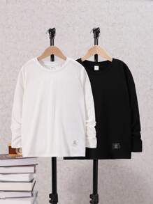 SHEIN Tween Boys Extended Size High Cost-Effective Buy One Get One Free Woven Label Crew Neck Long Sleeve T-Shirt