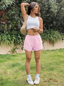 SHEIN EZwear 夏季粉色條紋休閒女式短褲，舒適短褲 - 粉色 - 查看 5