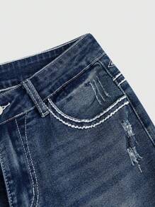 ROMWE Grunge Punk Jeans acampanados slim de mujer con bordado de alas de cruz en estilo vintage Y2K con bolsillo sexy. Jeans azul marino de cintura baja con botones, bolsillos y cremallera para uso casual diario en primavera/otoño
