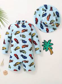 男婴夏季拉链防晒泳衣套装带太阳帽，浅蓝色带卡通汽车印花，适合海滩、游泳、冲浪和水上乐园玩耍 - 彩色 - 查看 1