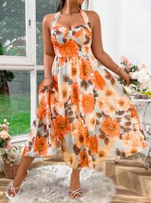 SHEIN LUNE Vestido Plus Size Feminino Boho Estampado Aleatório Alças Espaguete, Para o Verão - Laranja - Ver 5