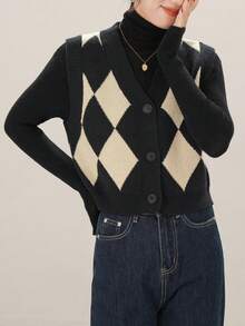 女士休闲单排扣V领菱形针织背心，秋季复古风格 - 黑色 - 查看 3