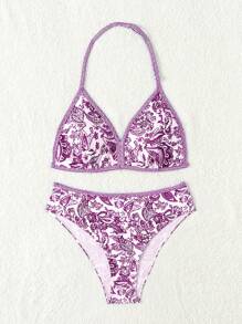 Teen Girls Paisley Print Halter Triangle Bikini Set Summer Beach - Multicolor - View 3