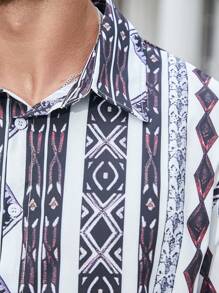 Manfinity Homme Men's Plus Size Geometric Print Short Sleeve Shirt And Shorts Set For Vacations & Leisure