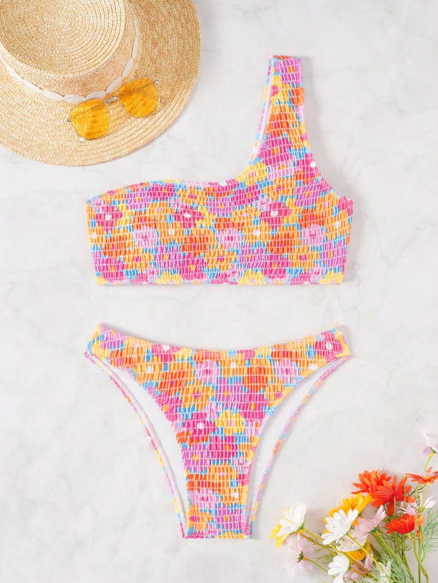 SHEIN Swim 女士夏季海滩花卉印花褶皱单肩性感比基尼套装带分体比基尼套装 - 彩色 - 查看 1