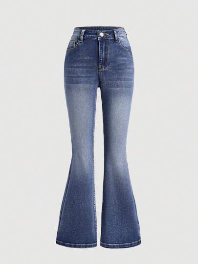 SHEIN Girlism Tween Girl Y2k Stonewashed Embroidery Detail Denim Flare Leg Jeans With Slanted Pocket