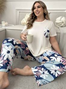 Flower Printed Short Sleeve Top And Long Pants Plus Size Pajama Set, Outfits - Multicolor - View 1