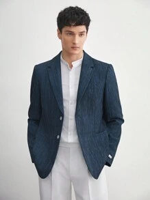 AKNOTIC Business Casual 易护理亚麻男士梭织牛仔效果修身缺口翻领长袖西装外套，适合春秋季节、办公室穿着和秋冬穿着 - 藏蓝色 - 查看 1