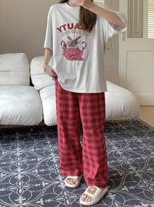 DAZY Conjunto de pijama con hombros caídos con gráficos de letras y caricaturas