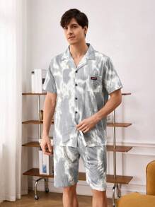男士簡約日常短袖和短褲家居服套裝 - 灰色 - 查看 5