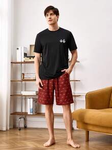 男士自行車印花短袖襯衫和短褲家居服套裝 - 彩色 - 查看 3