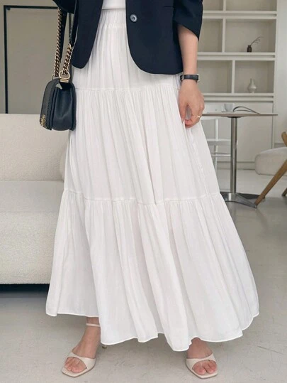 DAZY 女士纯色弹力腰多层荷叶边下摆优雅白色半身裙，适合度假夏季穿着