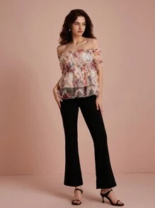 Chiquease 女士短袖荷叶边下摆随机印花衬衫 - 彩色 - 查看 3