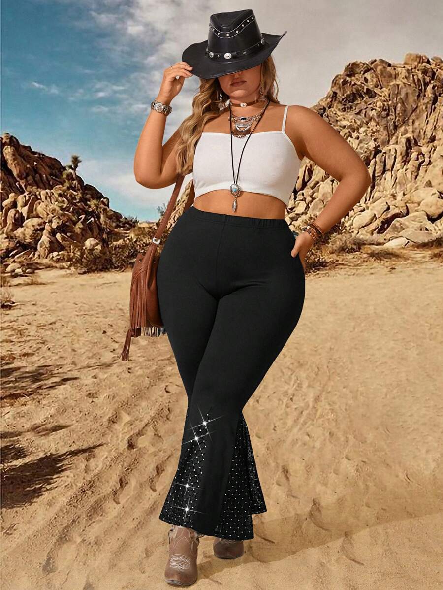 SHEIN LUNE Plus Size Solid Color Travel Matching Flared Pants - Black - View 1