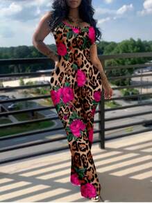 Slaydiva Plus Size Printed Jumpsuit, Summer Suitable For Going Out Leopard Print
