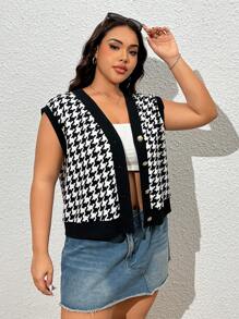SHEIN EZwear Plus Size Retro czarno-biała kurtka bez rękawów w pepitkę na wczesną jesień