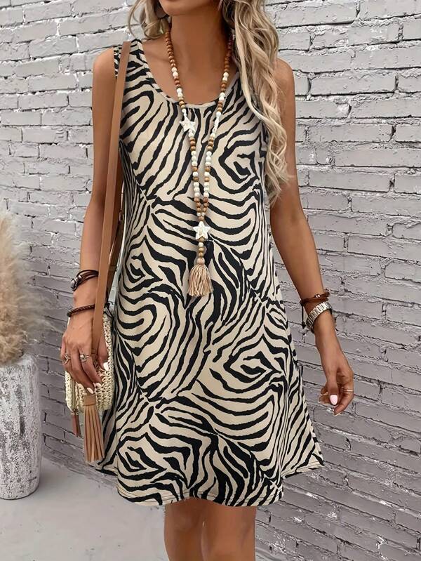 Women's Zebra Print Sleeveless Tank Dress - Round Neck Summer Sundress, Casual Vacation Outfit, Stretchy Bodycon Mini Dress For Beach & Daily Wear,Fashion Vacation Outfits Women,Bohemia Multicolor Women Short Dresses