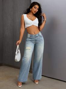 SHEIN SXY Women Pocket Ripped Wide-Leg Loose Casual Jeans