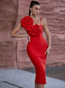 Floral Sculptural Asymmetrical Neck Tight Bandage Party Dress With Spaghetti Straps Wedding Guest Cocktail Dress - Red - View 3