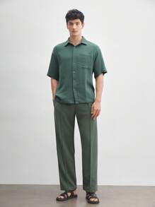 AKNOTIC Business Casual Men's Knitted Elastic Waist Drawstring Mid-Rise Loose Fit Straight Leg Casual Pants, Long-Length, Suitable For Spring And Summer Daily Wear - Dark Green - View 6