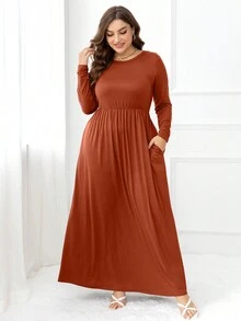 DEARCASE 大码纯色隐形口袋连衣裙，优雅春季款 - 亮橙色 - 查看 5