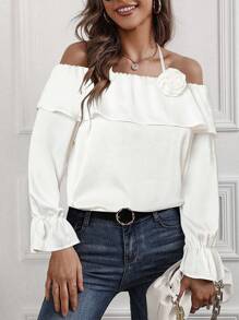 INAWLY Women's Summer Elegant Solid Color Off-Shoulder Shirt With 3D Floral Decoration - White - View 1