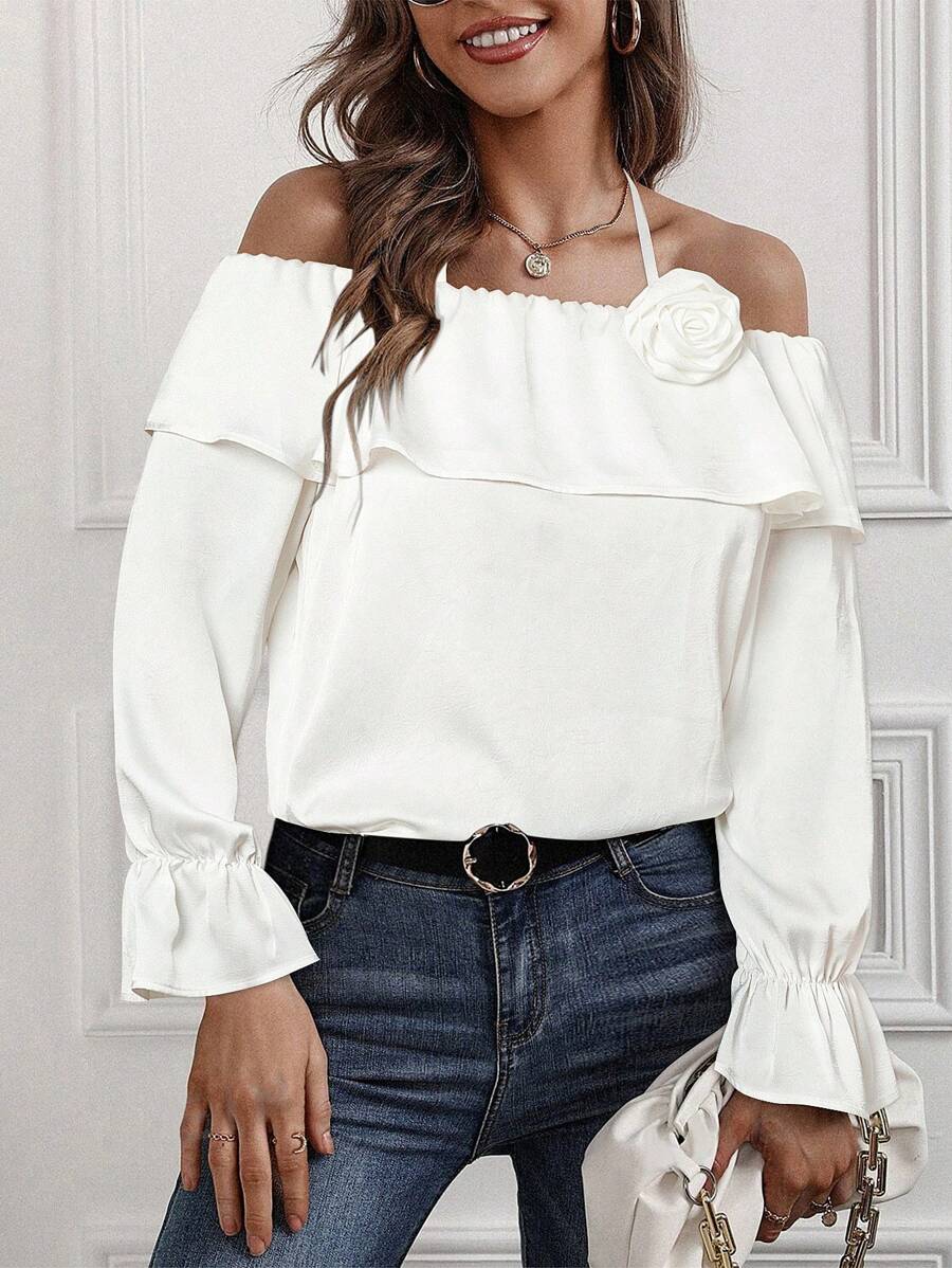 INAWLY Women's Summer Elegant Solid Color Off-Shoulder Shirt With 3D Floral Decoration - White - View 1