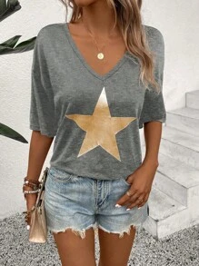 SHEIN LUNE Áo thun ngắn tay cổ chữ V thường ngày mùa hè dành cho nữ có in hình ngôi sao - Xám - Xem 4