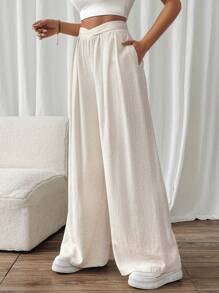 SHEIN Frenchy 女士纯色不对称高腰阔腿宽松休闲裤亚麻裤老款服装秋季女装返校服装教师服装7月4日服装裤子通勤简约办公室老款简约 - 杏色 - 查看 5