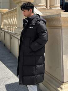 DAZY Men's Long Letter Print Padded Coat, Winter Jacket - Black - View 8