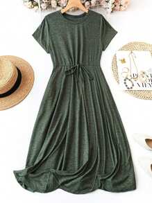 SHEIN LUNE Women's Summer Solid Color Short Sleeve Round Neck Tie Waist Casual Long Dress