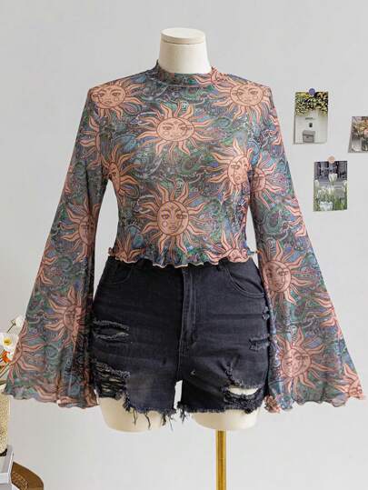 Soleia Plus Size Women Olive Green European Floral Face Sun Print Loose Mock Neck Bell Sleeve Crop Top, Casual Summer Top For Holiday, Music Festival