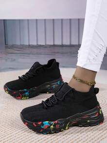 Women's Outdoor Low-Cut Thick-Soled Elevator Breathable Fashionable Spring/Summer/Autumn Casual Sock Shoes Sneakers - Black - View 3