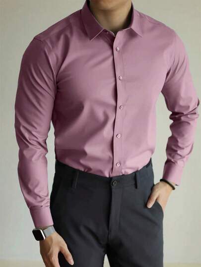 Manfinity Mode Camisa de manga larga de unicolor casual de negocios para hombres, camisa rosa oscuro para hombres, camisa burdeos para hombres, camisa rosa de vestir casual para hombres, para el otoño